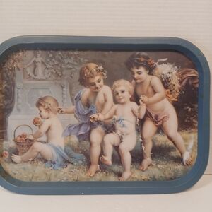 Vintage Cherub Serving Tray with Blue Frame, 11x15 Metal